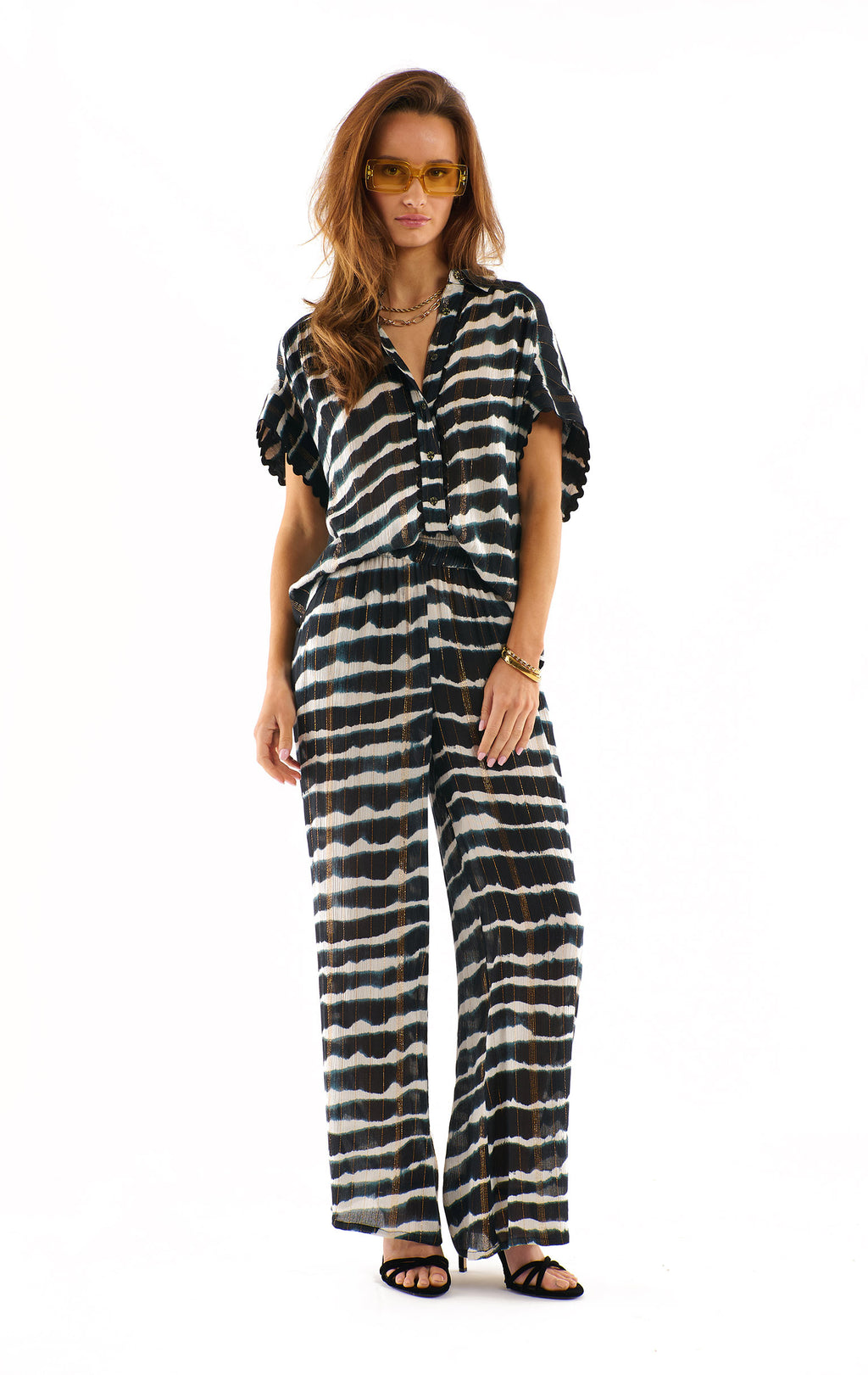 Navy and White Tie-Dye Wide-Leg Trousers