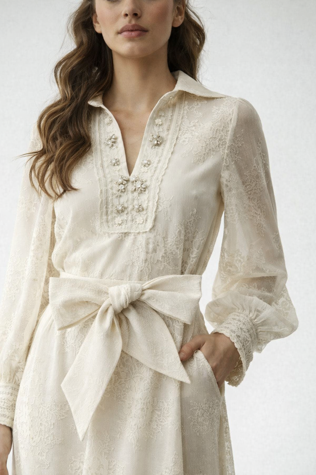 Ivory Linen Shirt Dress with Waist Tie