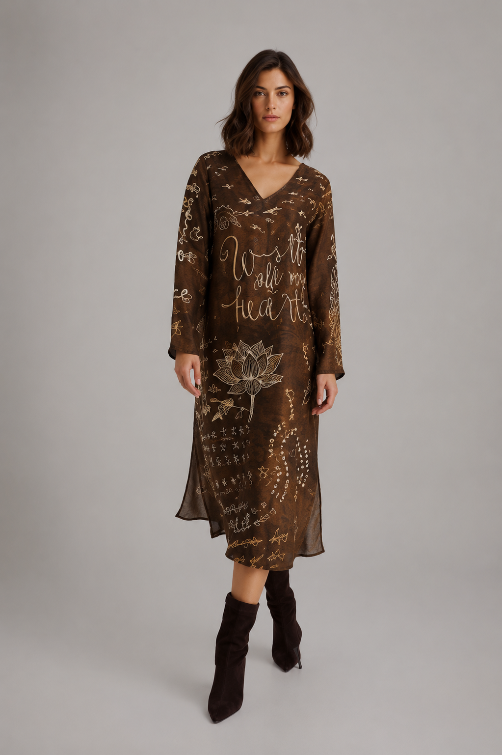 Chocolate Brown Artistic Print Midi Dress
