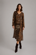 Chocolate Brown Artistic Print Midi Dress