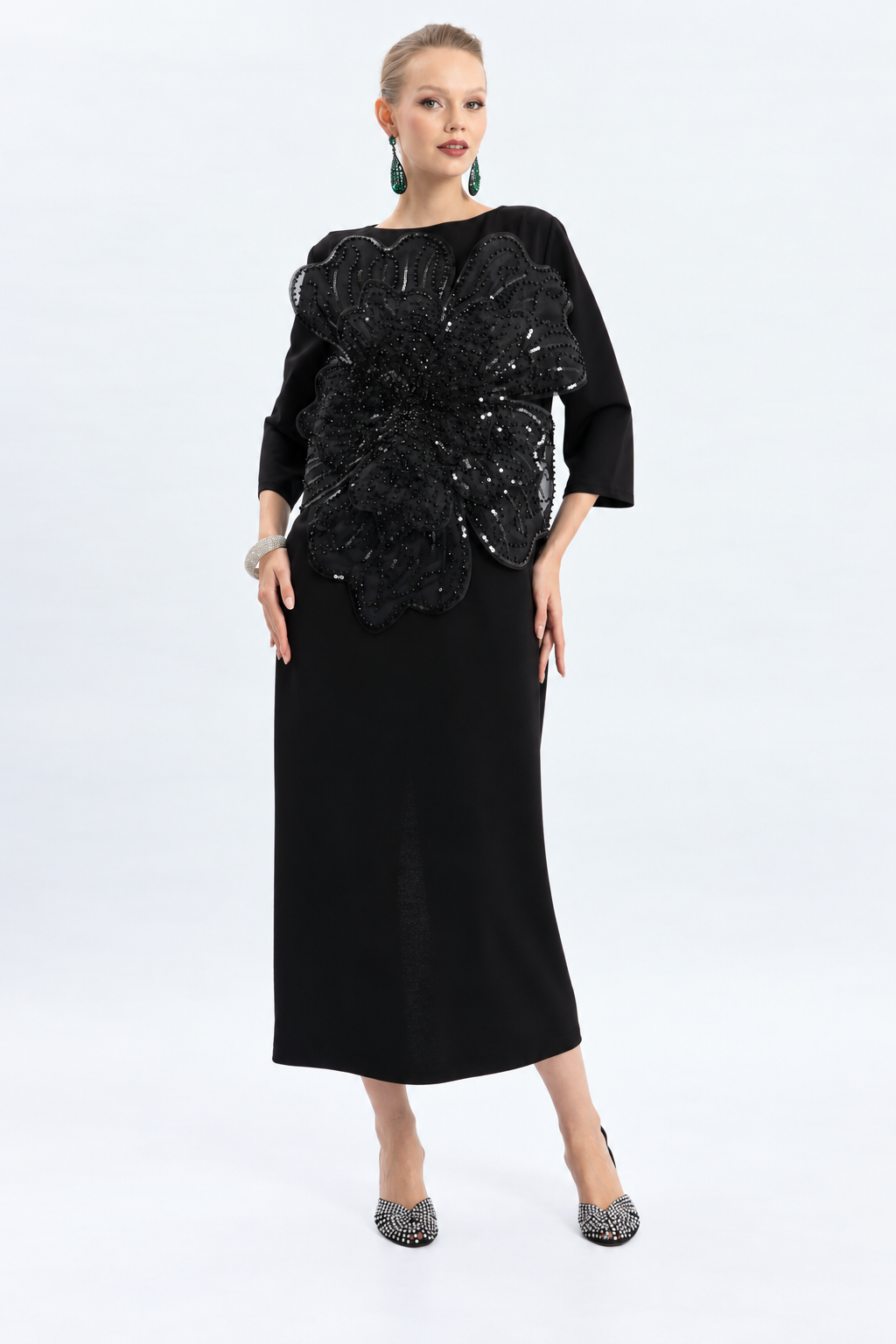 Black Floral Embellished Midi Dress