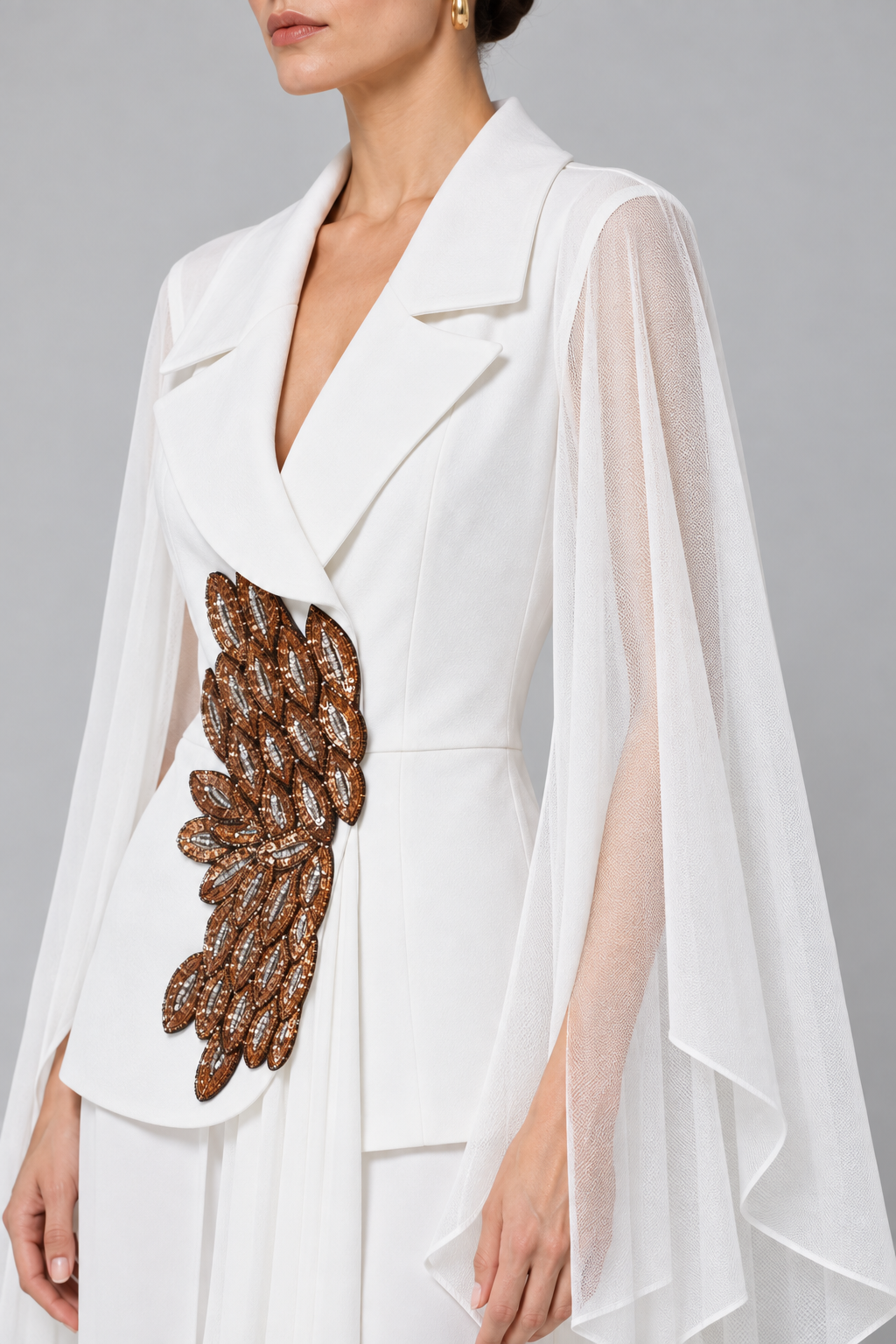 White Cape Jacket with Bronze Embellishment