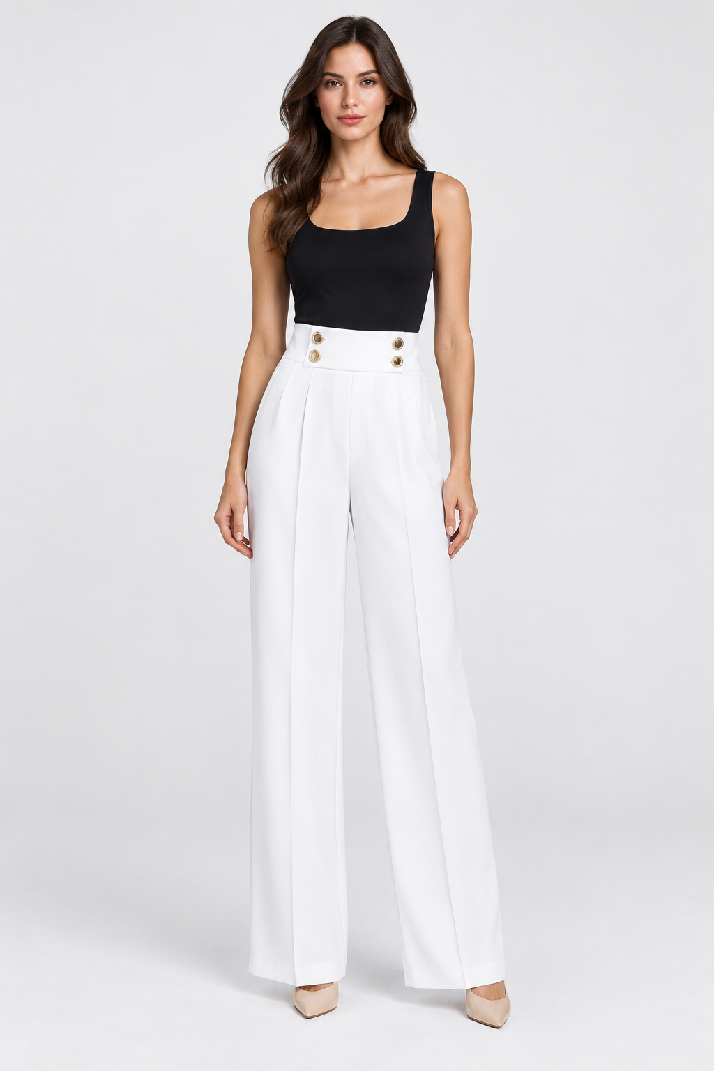 Gold-Button High-Waisted Wide-Leg Pants