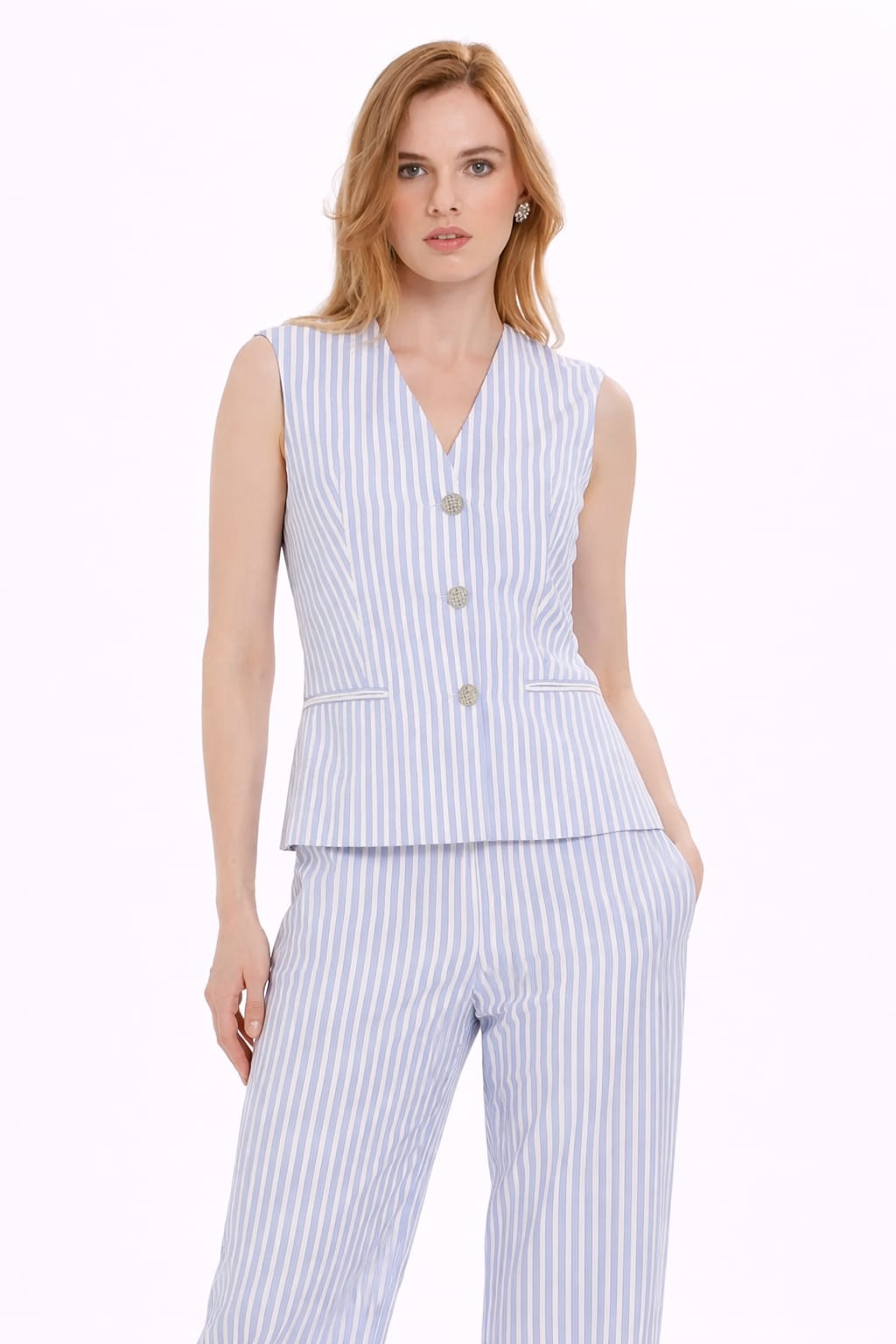 Blue and White Striped Vest Set