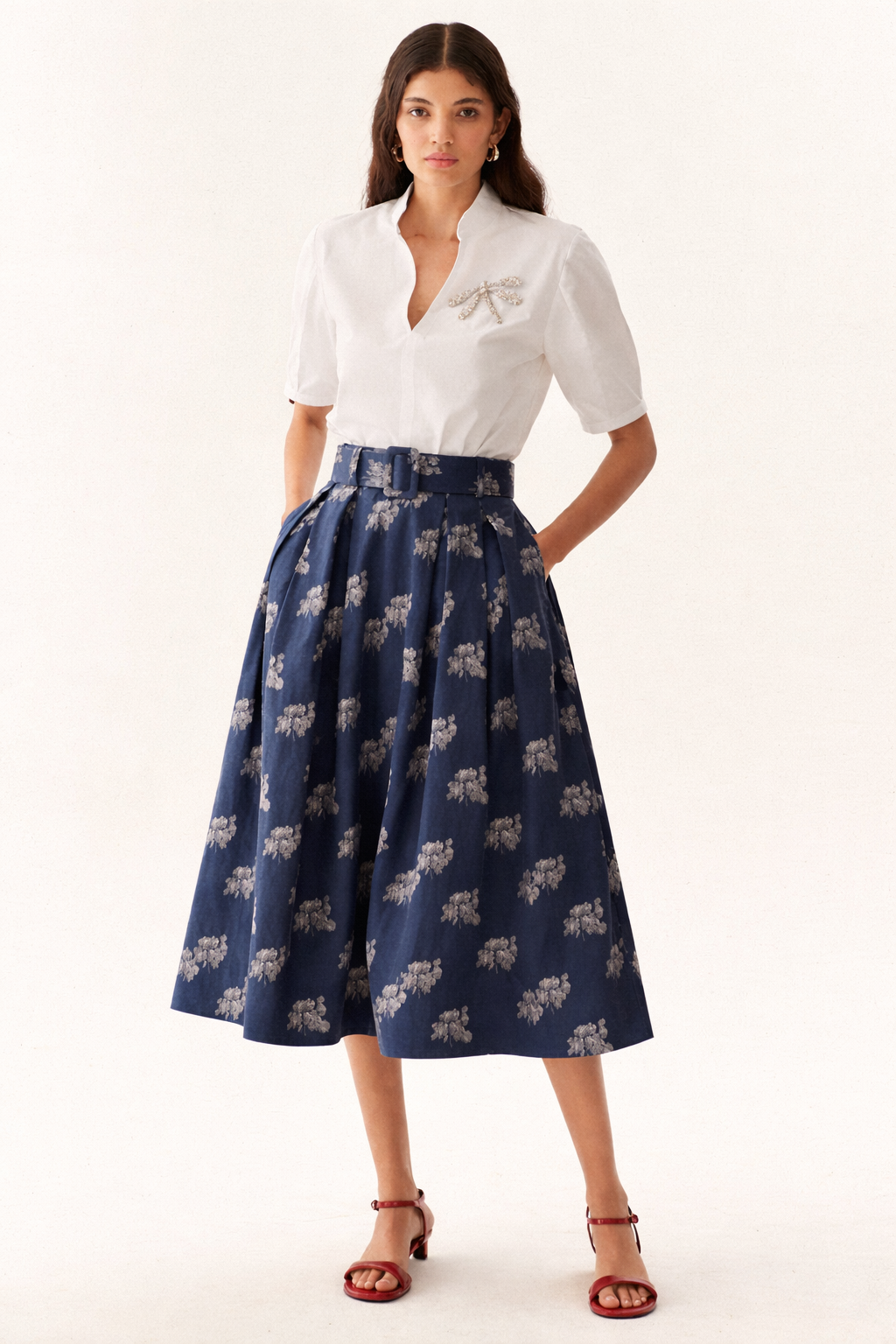 Floral Belted Midi Skirt