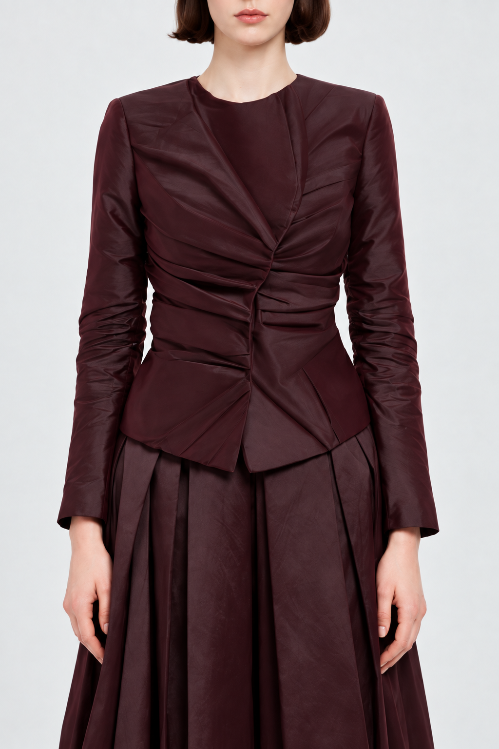 Burgundy Ruched Jacket & Pleated Midi Skirt Set
