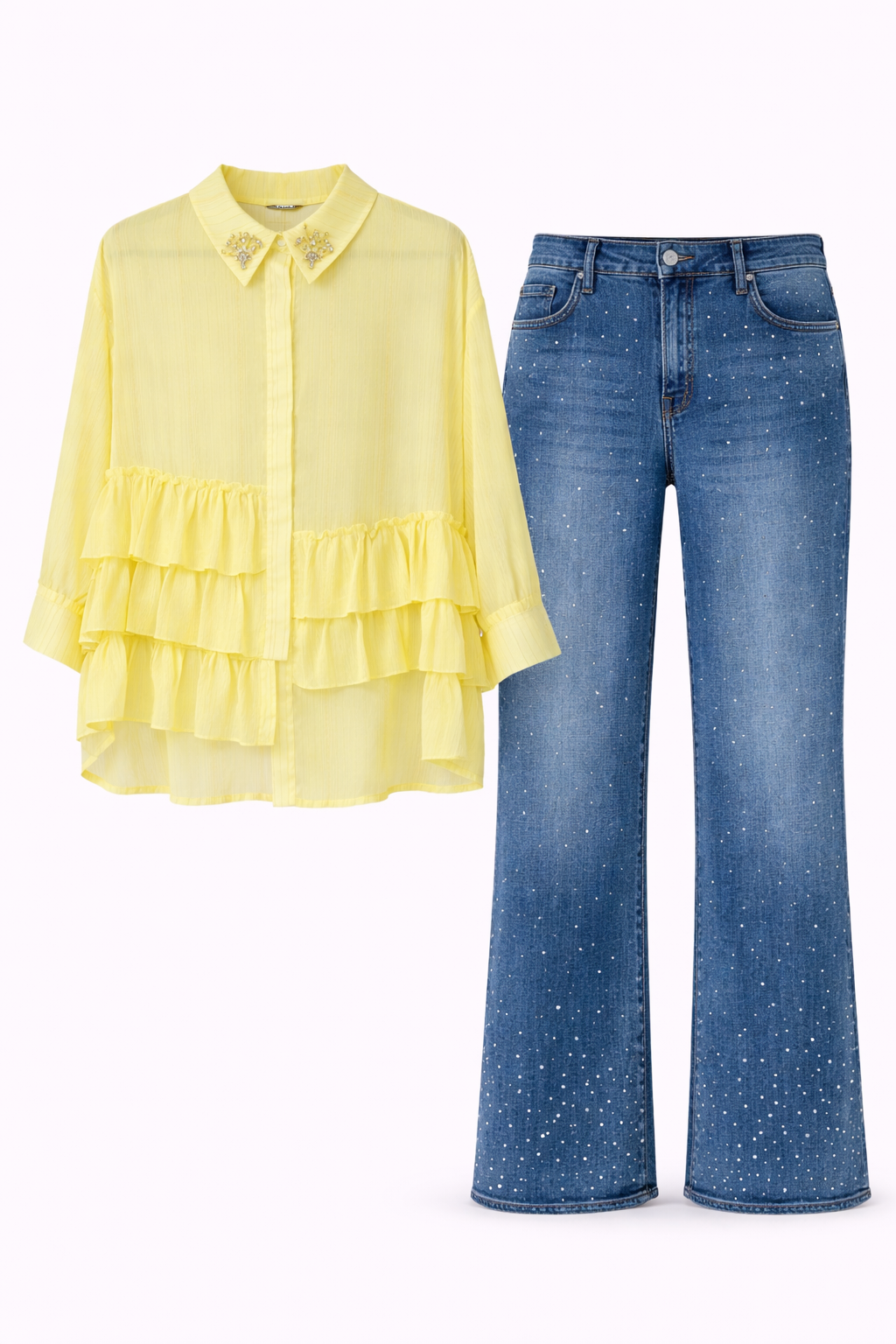 Yellow Ruffled Blouse with Embellished Collar