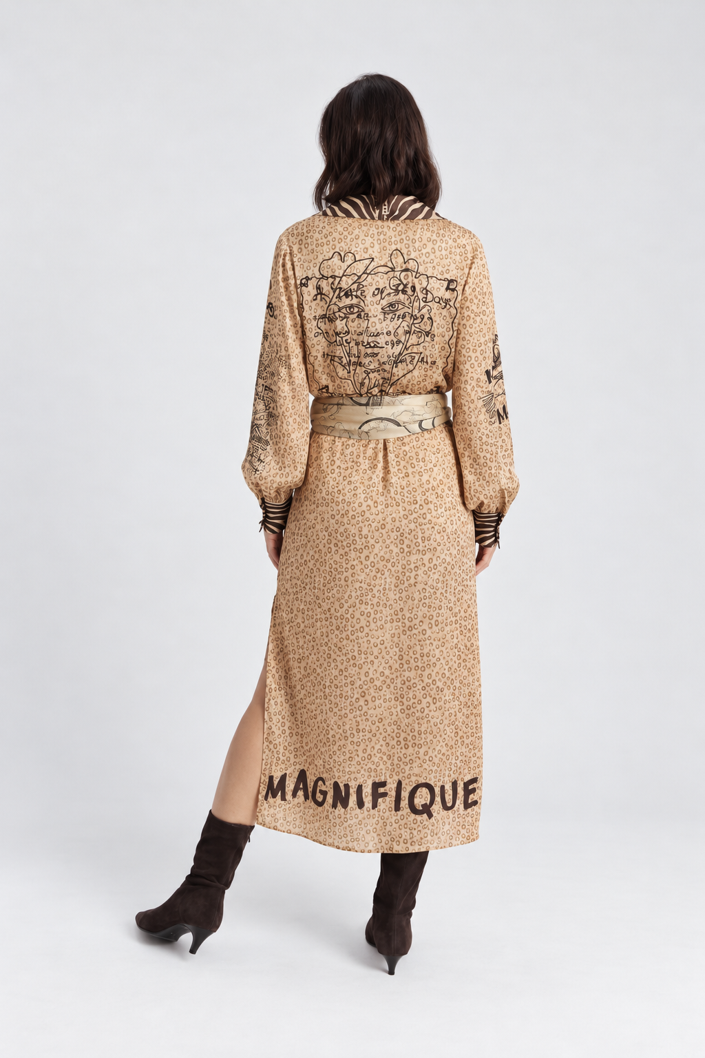 Beige Graphic Print Belted Midi Dress