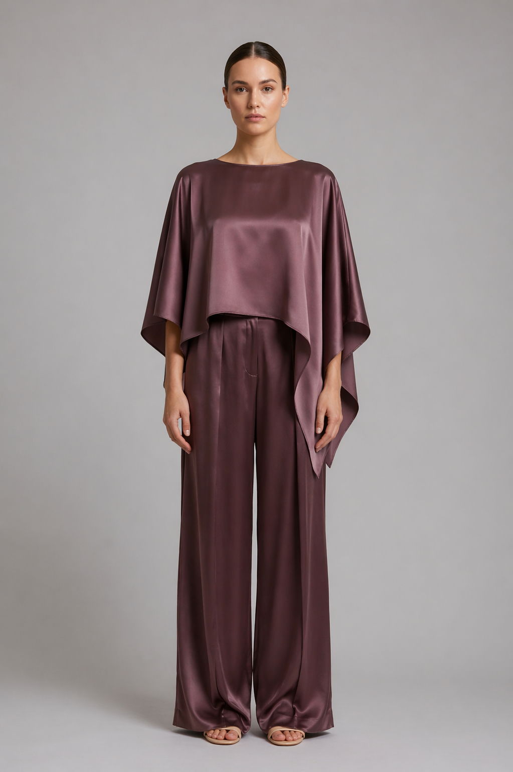 Satin Wide-Leg Pants – Dark Mauve Plum