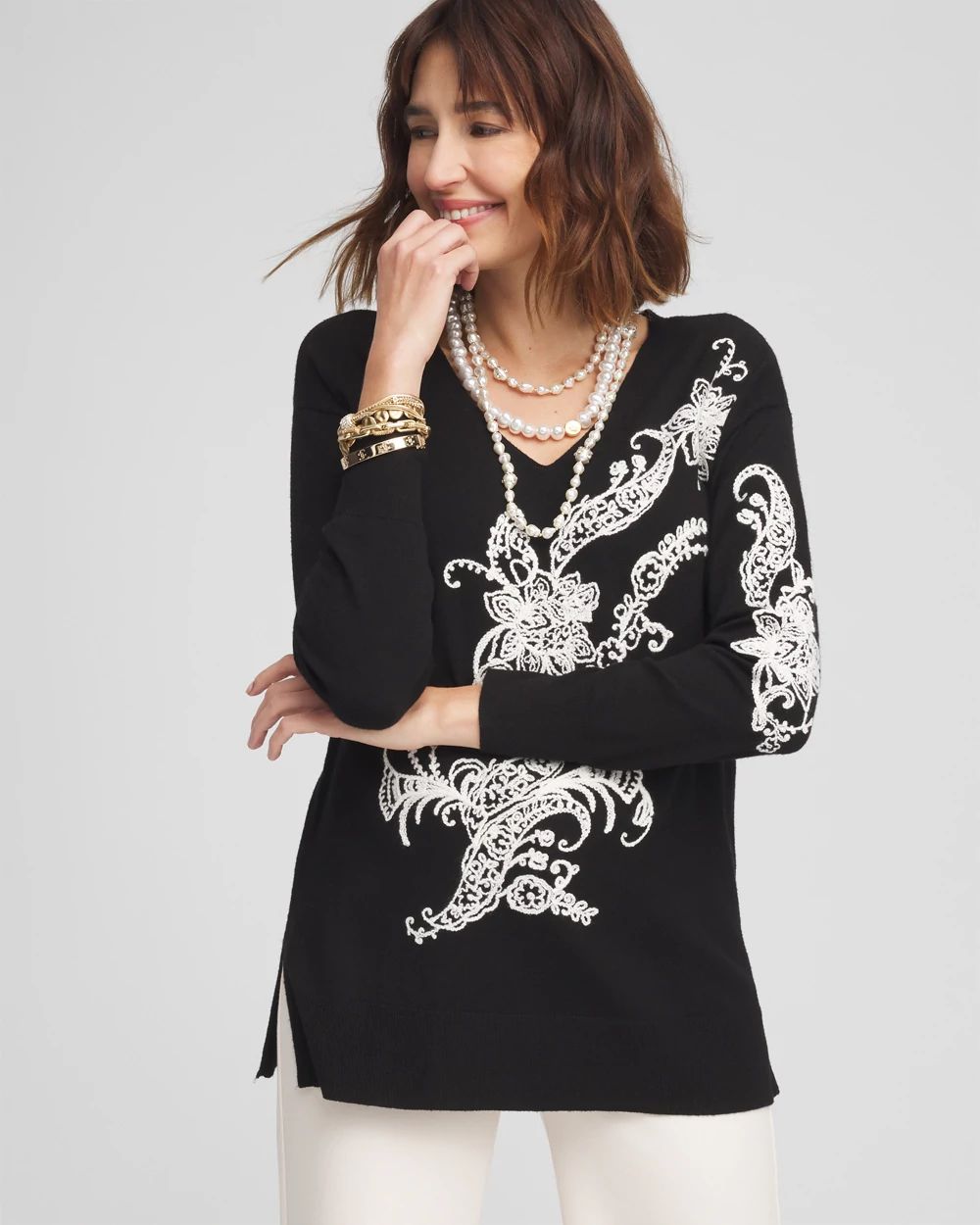 Embroidered floral v-neck sweater