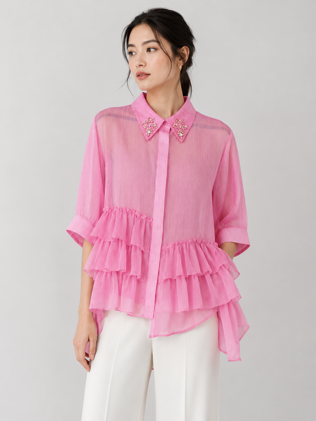 Candy pink ruffled blouse