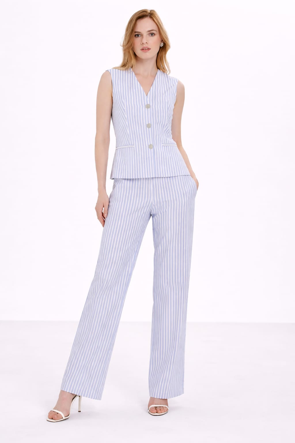 Blue and White Striped Vest Set