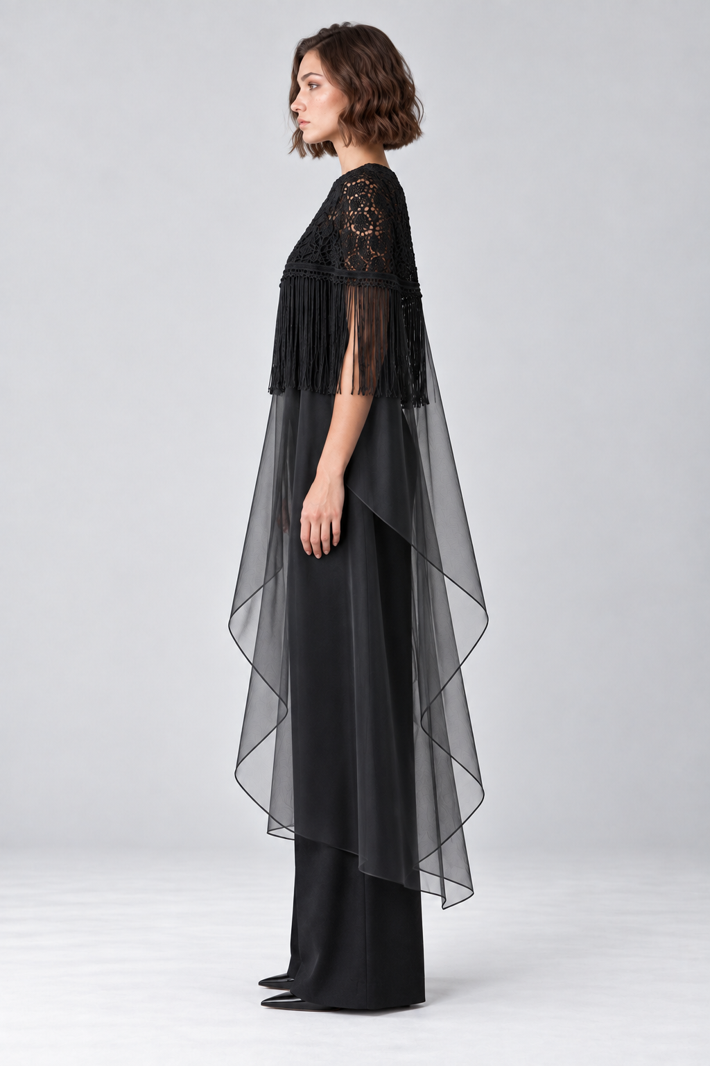 Black Organza Fringe Cape