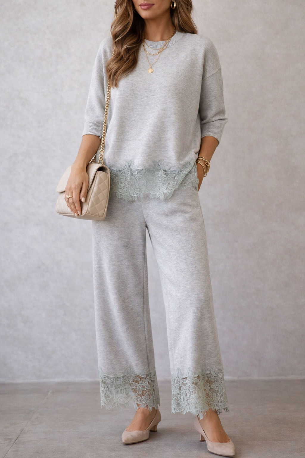 Elegant lace - trimmed lounge set