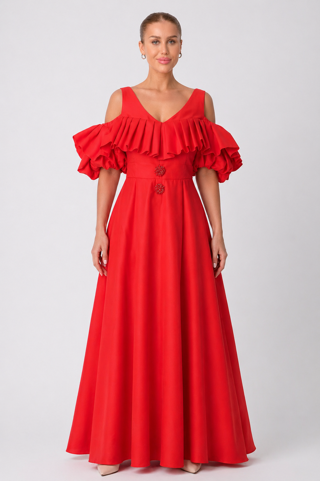 Scarlet Linen Ruffle Gown