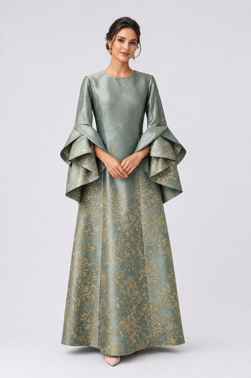 Shimmering Long Evening Bell-Sleeve Dress