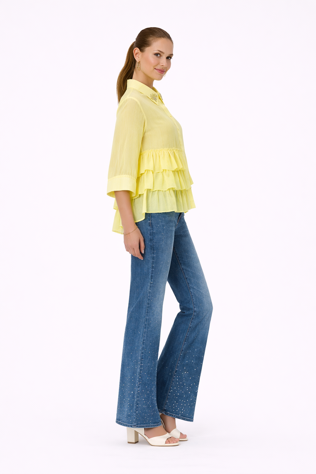 Yellow Ruffled Blouse with Embellished Collar