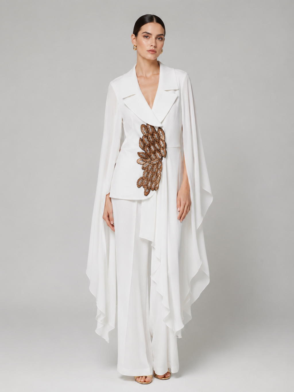 White Cape Jacket with Bronze Embellishment