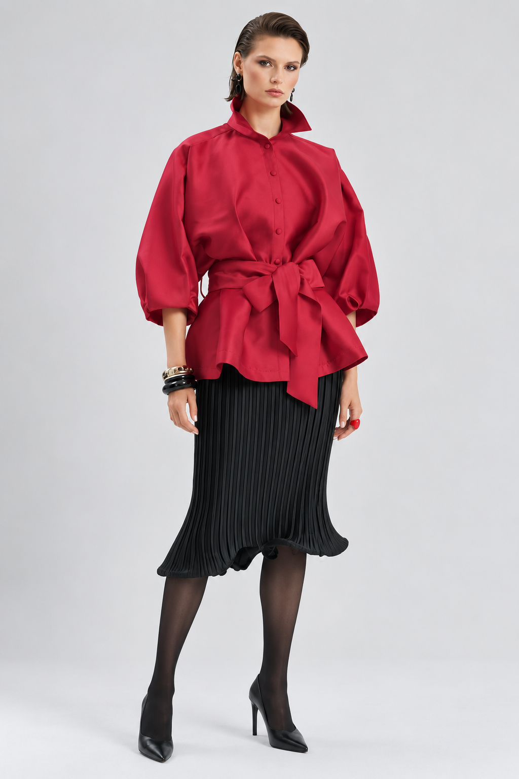 Satin Belted Statement Jacket – Red