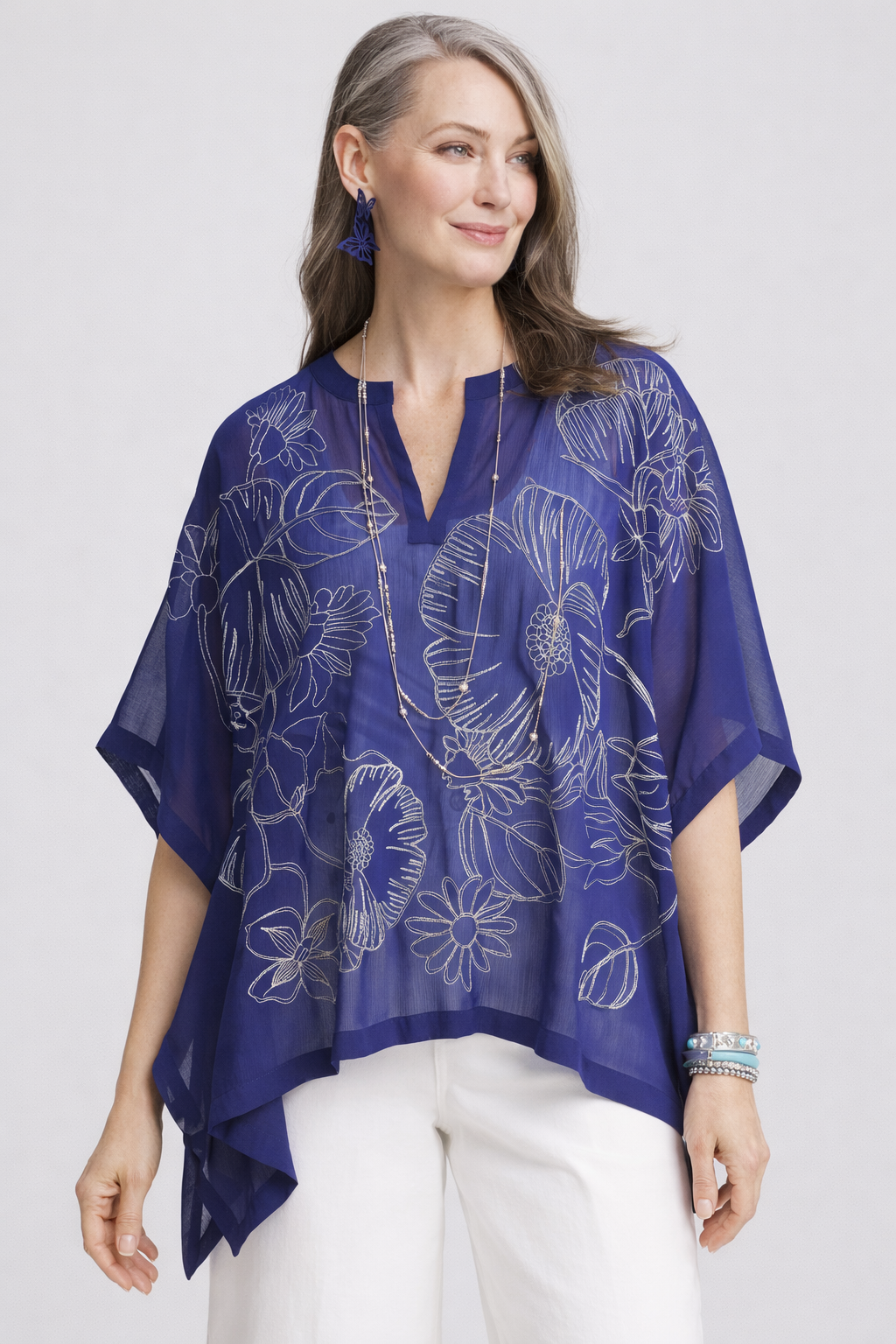 Royal Blue Floral Poncho Blouse
