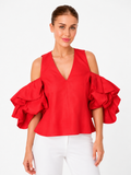 Red Cold-Shoulder Ruffle Blouse