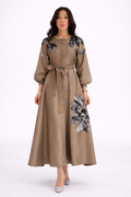 Embellished Linen Midi Dress in Taupe