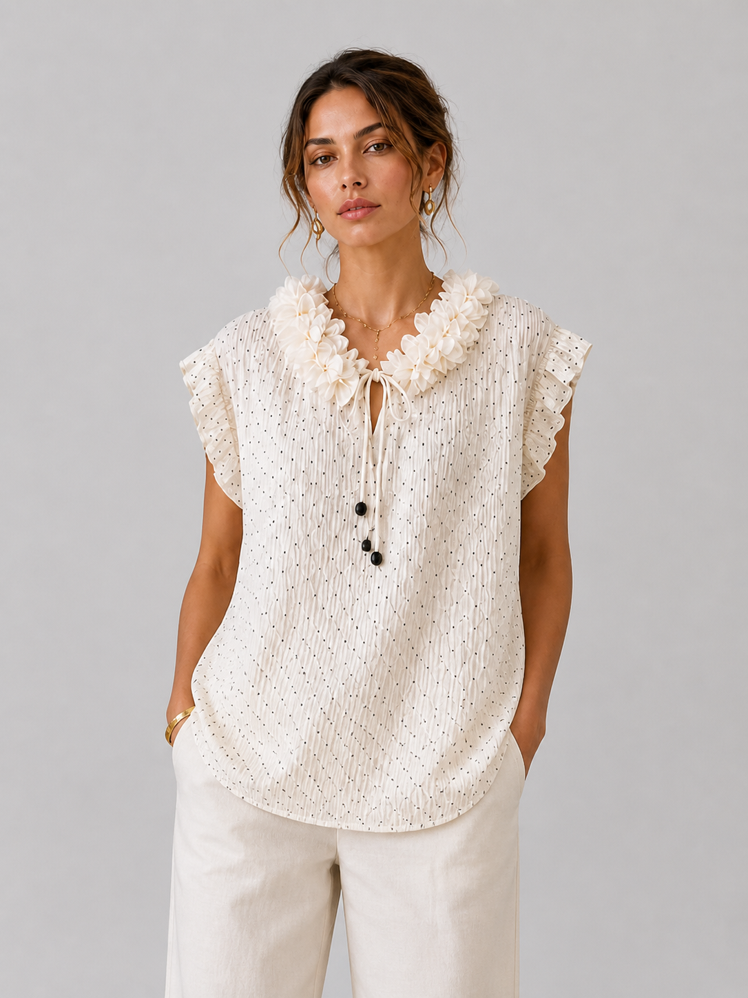 Pleated Ruffle Neck Blouse