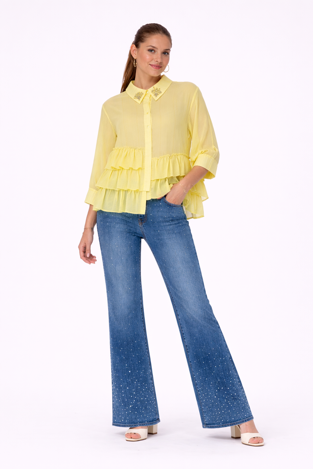 Yellow Ruffled Blouse with Embellished Collar