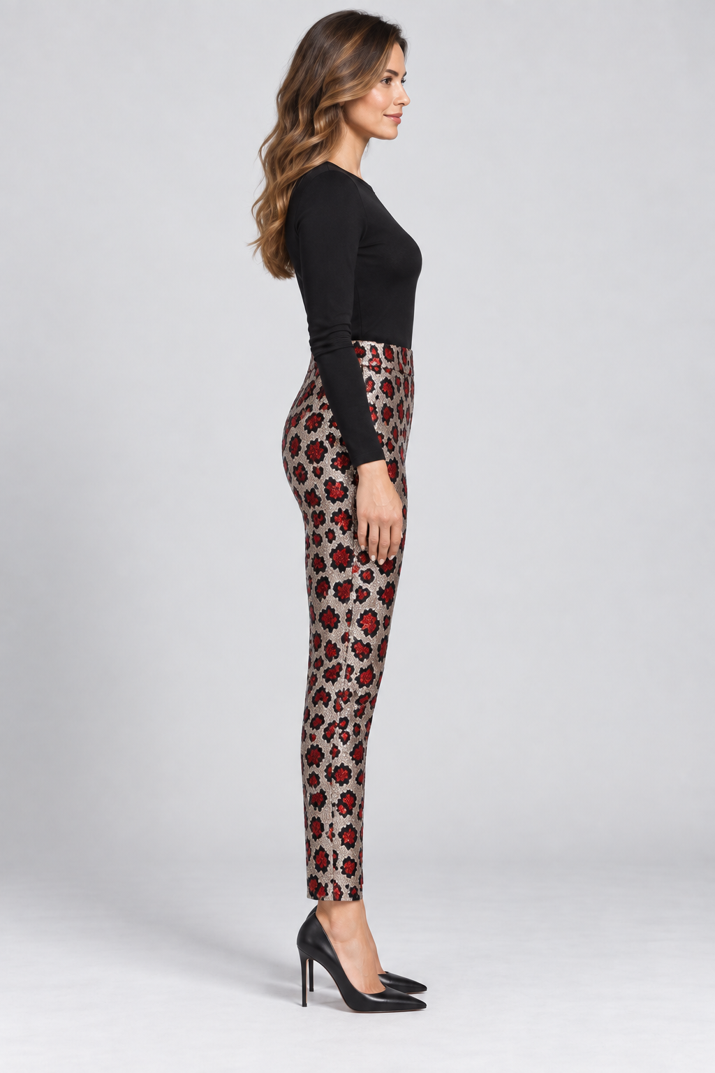 Title: Red Leopard Sequin Slim-Fit Trousers