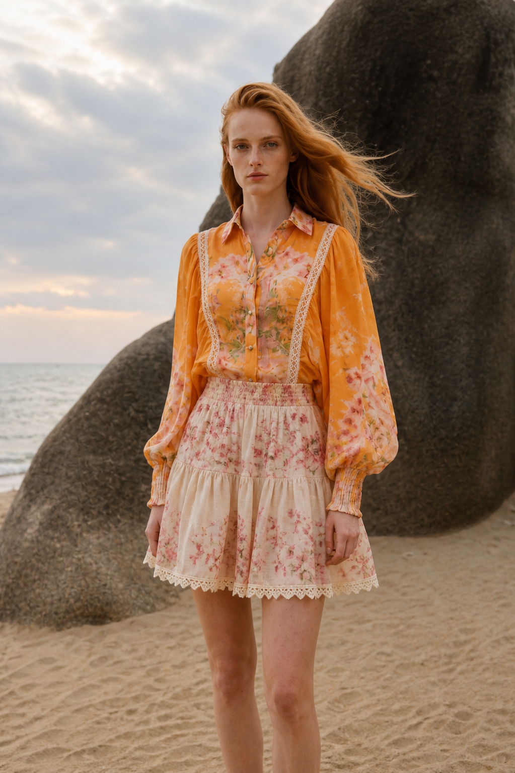 Floral Lace-Trim Blouse