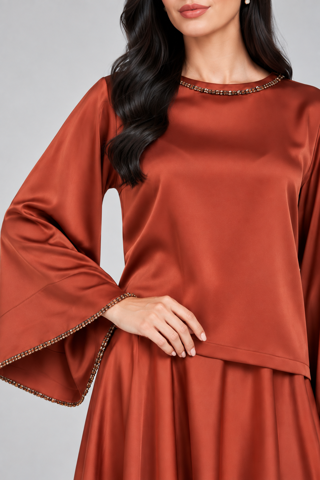 Embellished Satin Two-Piece Set – Rust