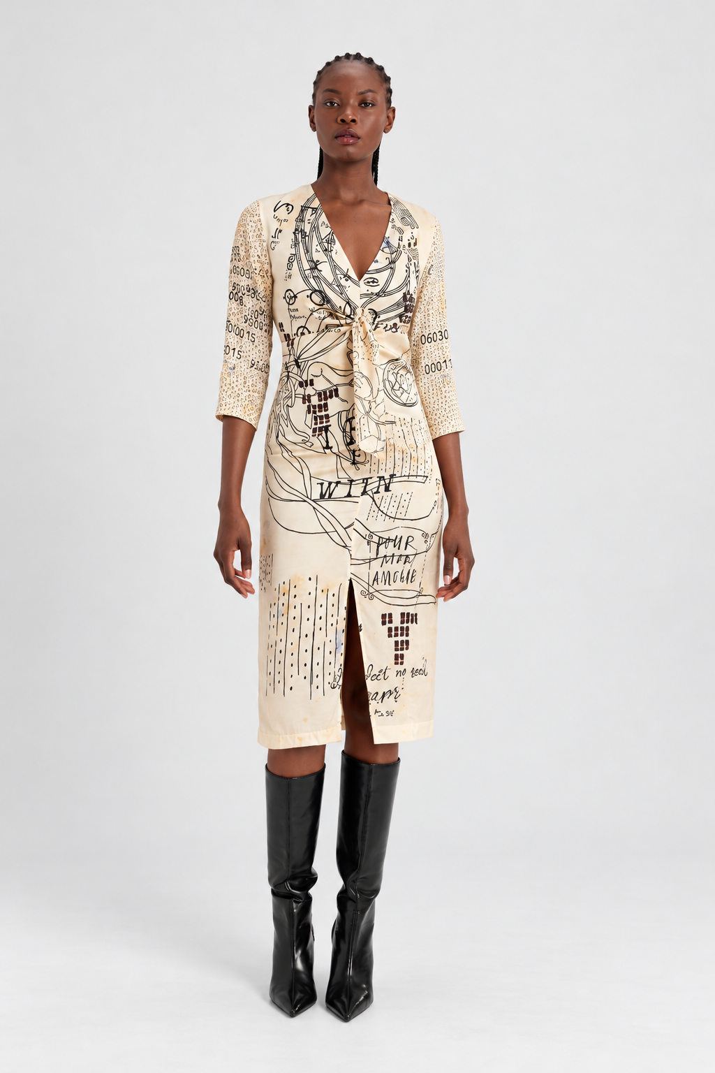 Cream Graphic Print Tie-Front Midi Dress