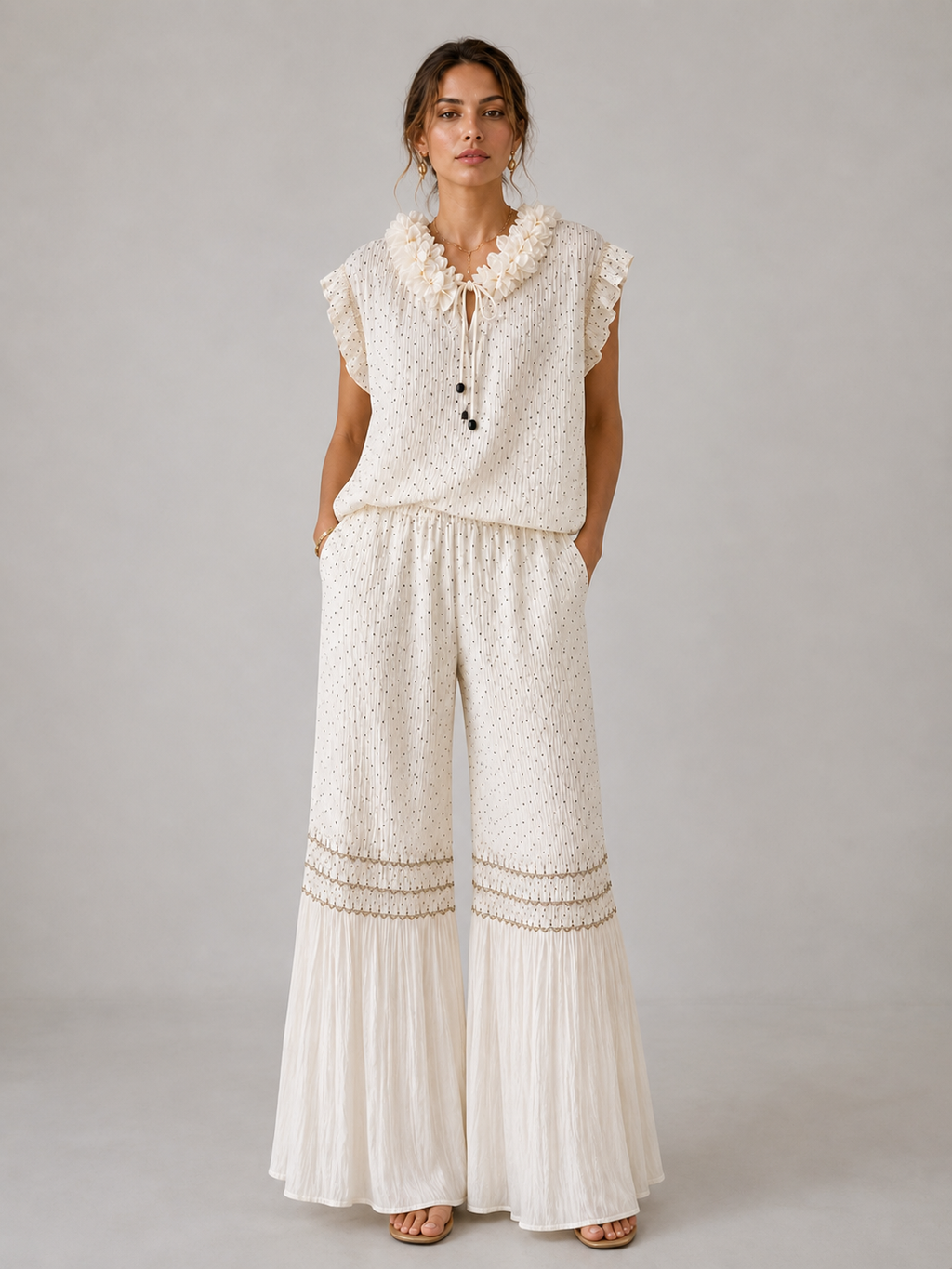 Pleated Ruffle Neck Blouse