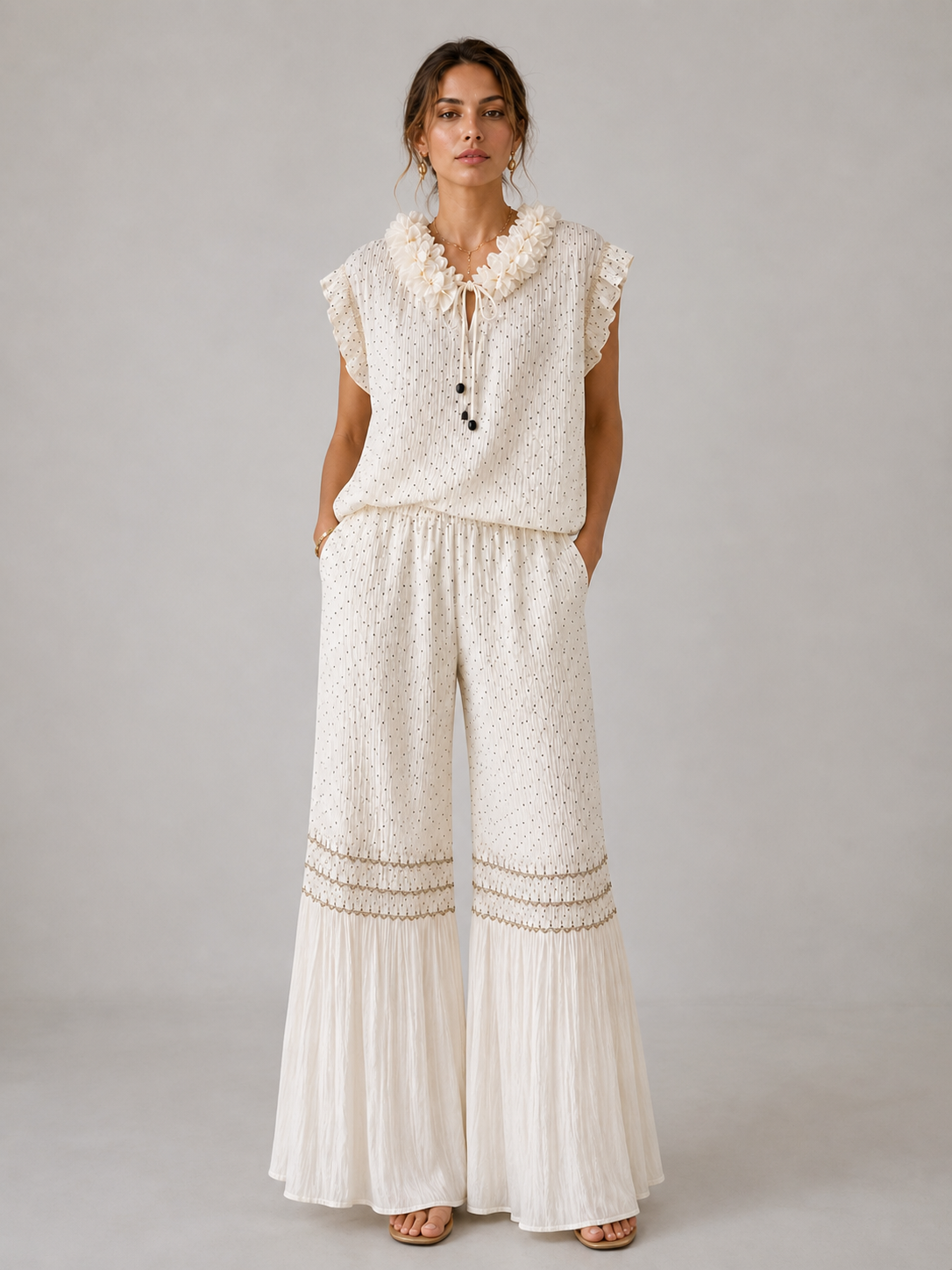 Pleated Ruffle Neck Blouse