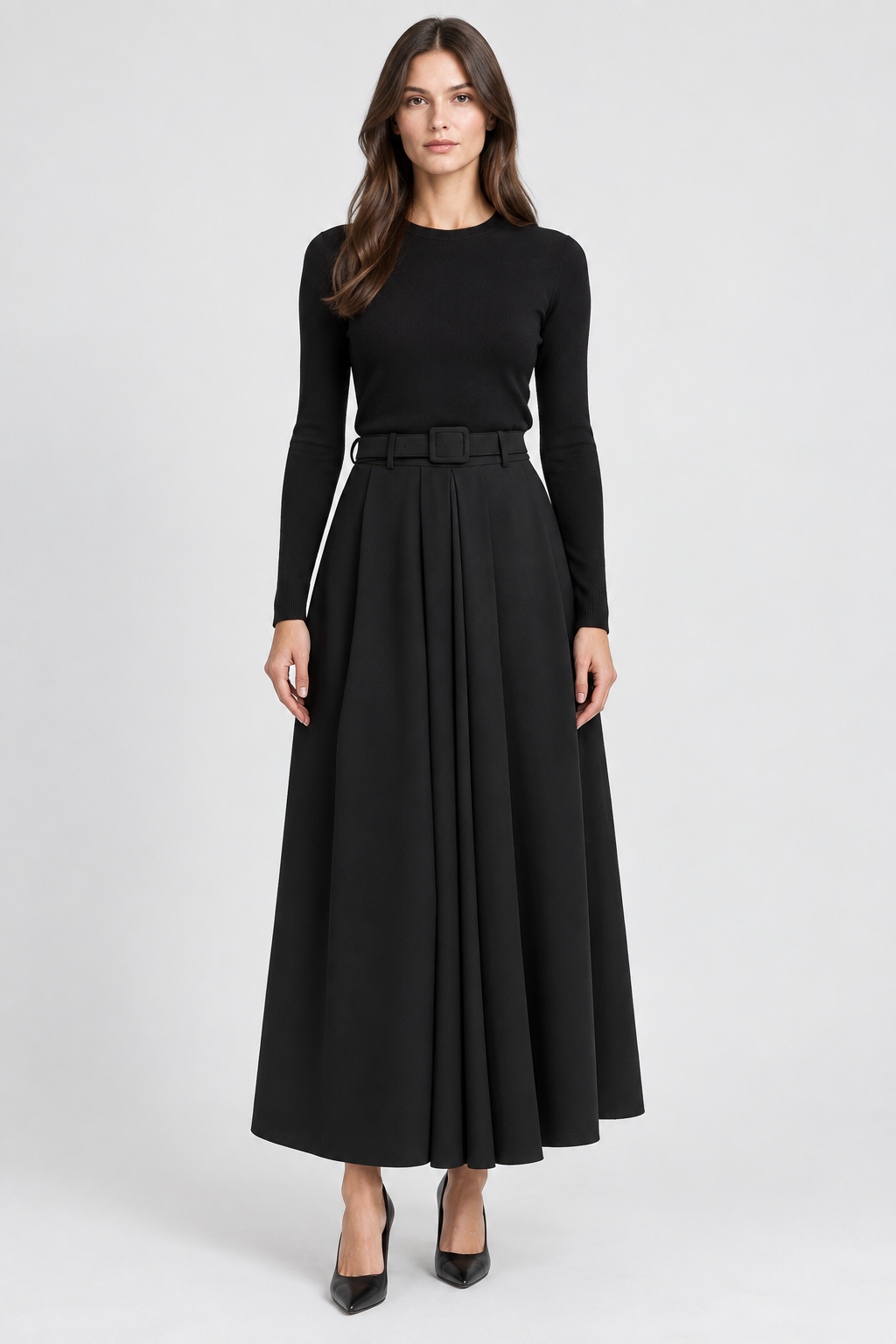 Black Belted Pleated Maxi Skirt