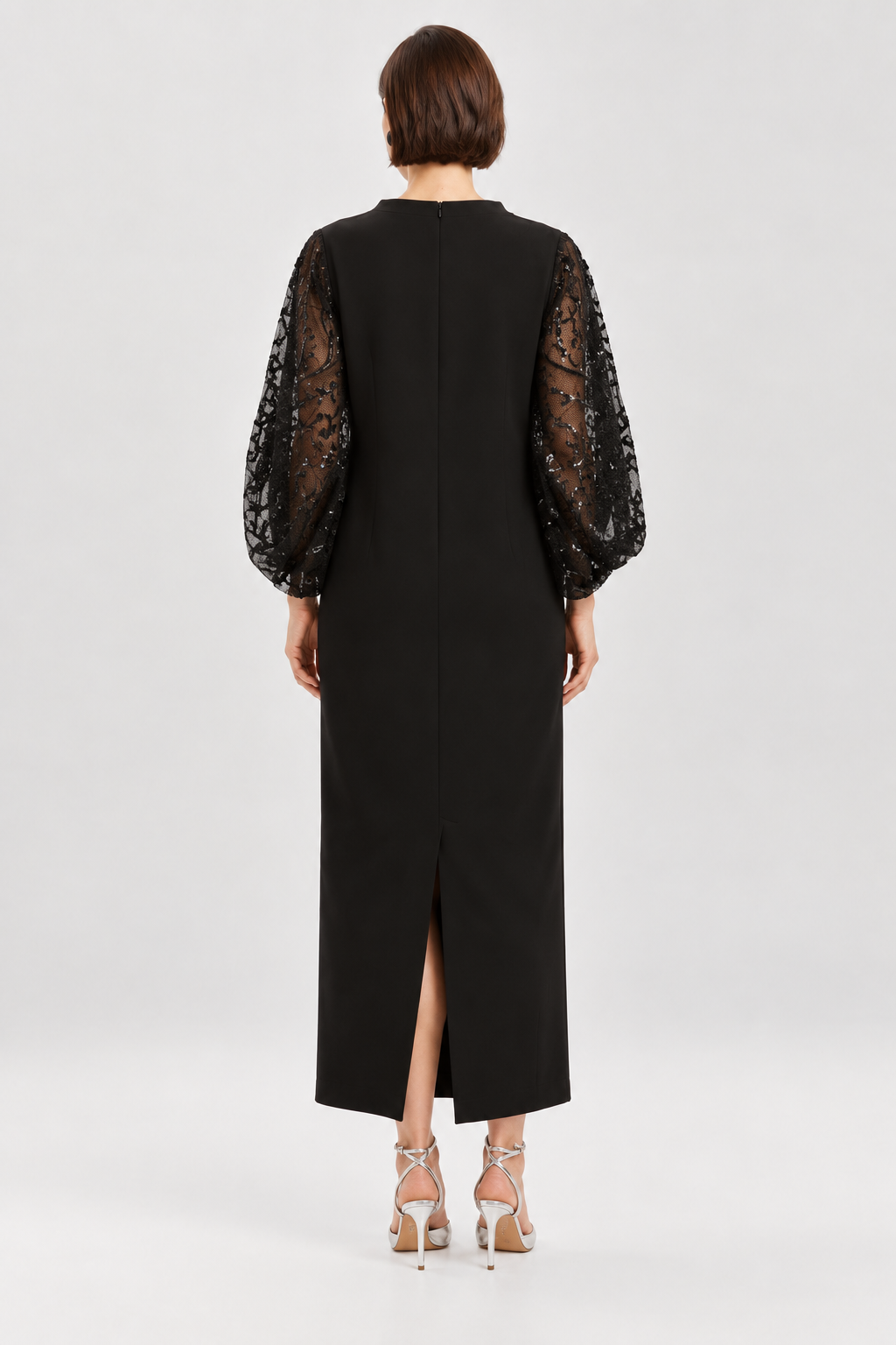 VERDA Embellished Sheer-Sleeve Black Maxi Dress