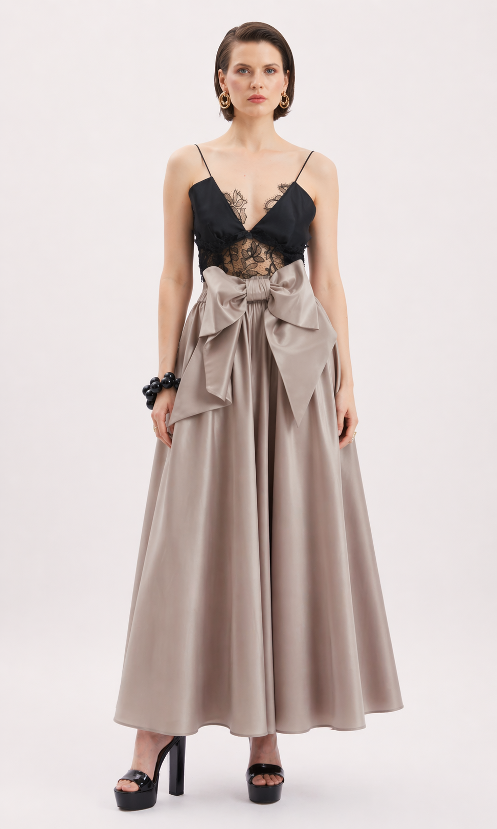 Satin Bow Detail Skirt – Taupe