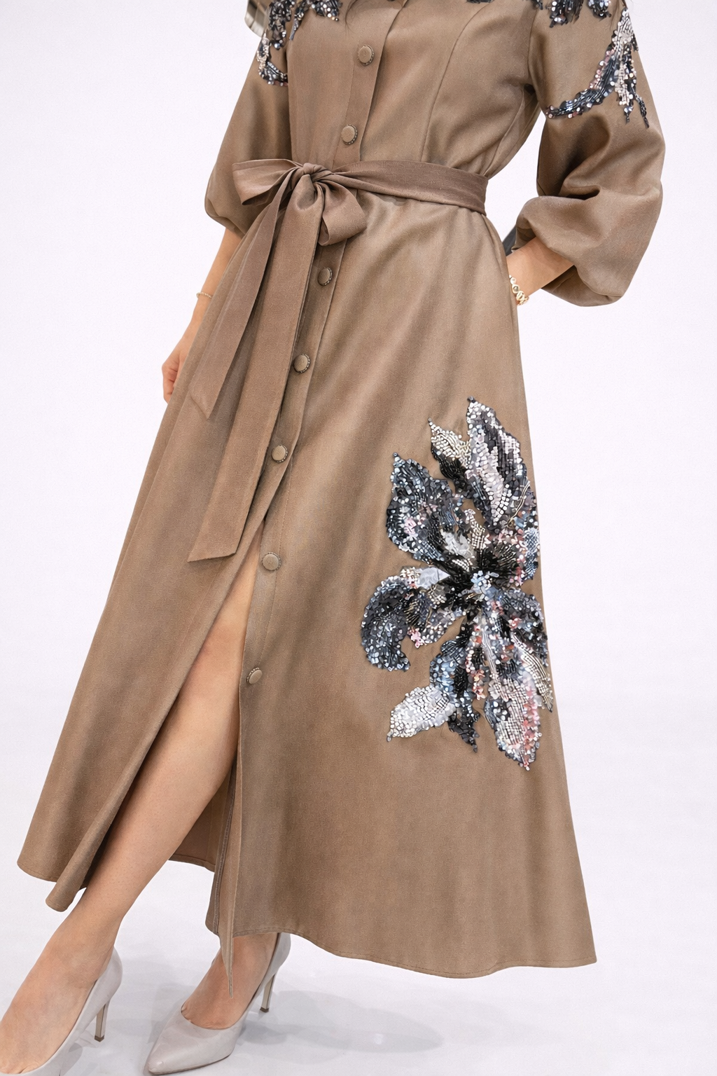 Embellished Linen Midi Dress in Taupe