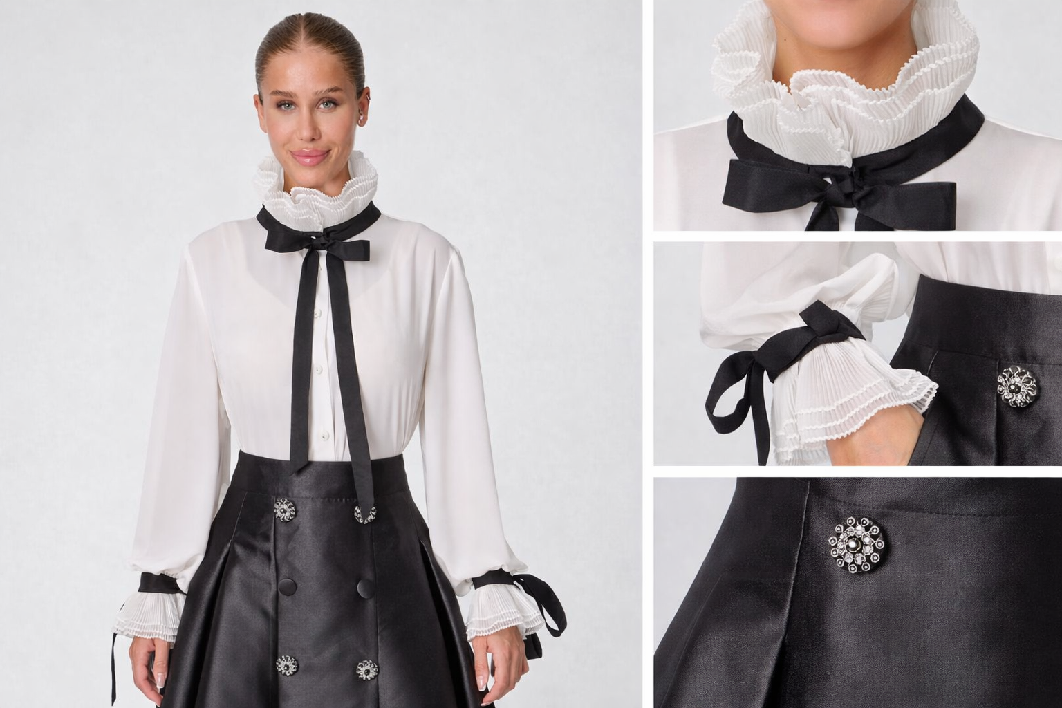 Pleated Ruffle Contrast Blouse