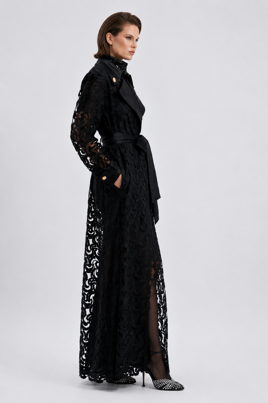 Luxury Black Lace Belted Coat