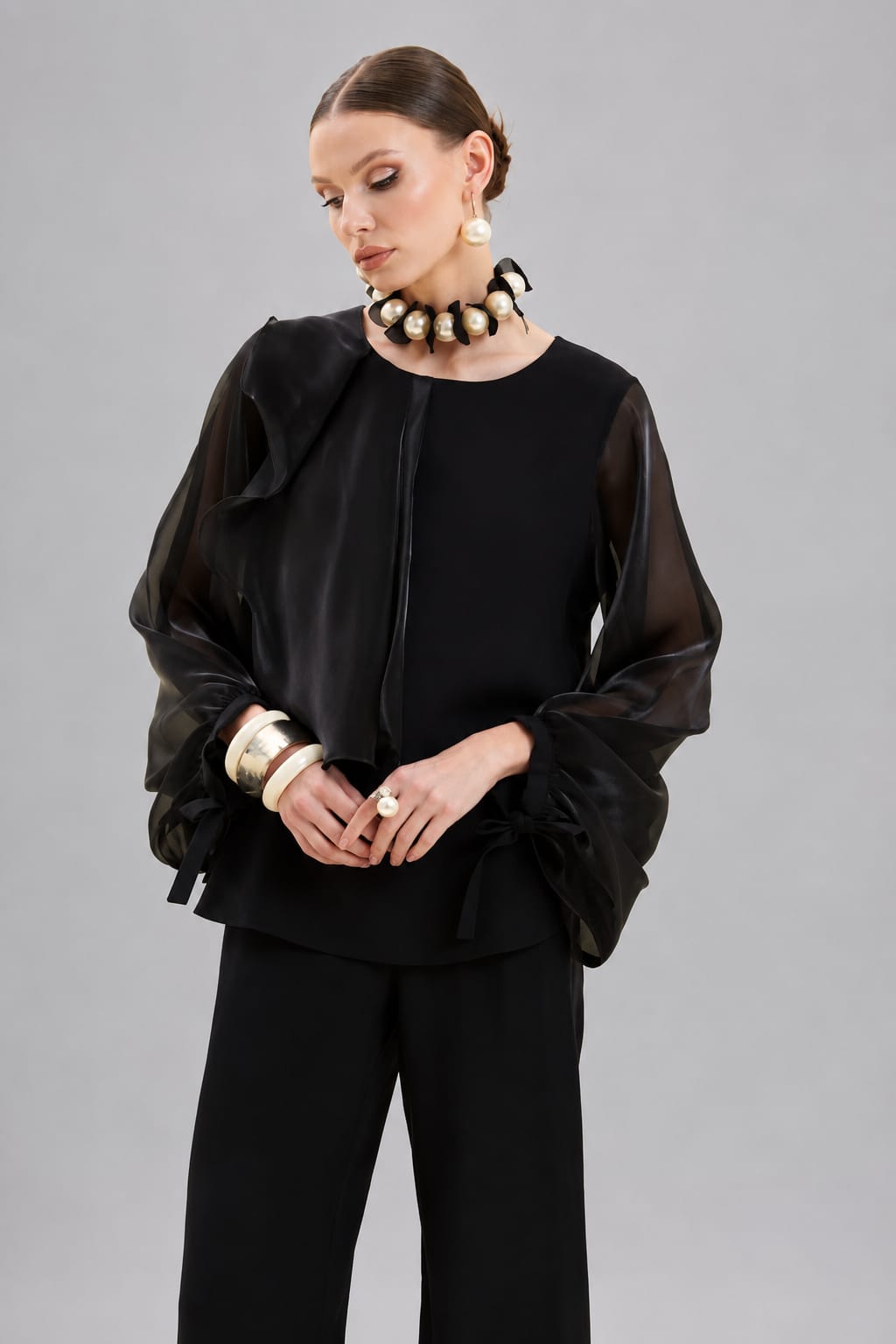 Black Organza & Linen Blouse