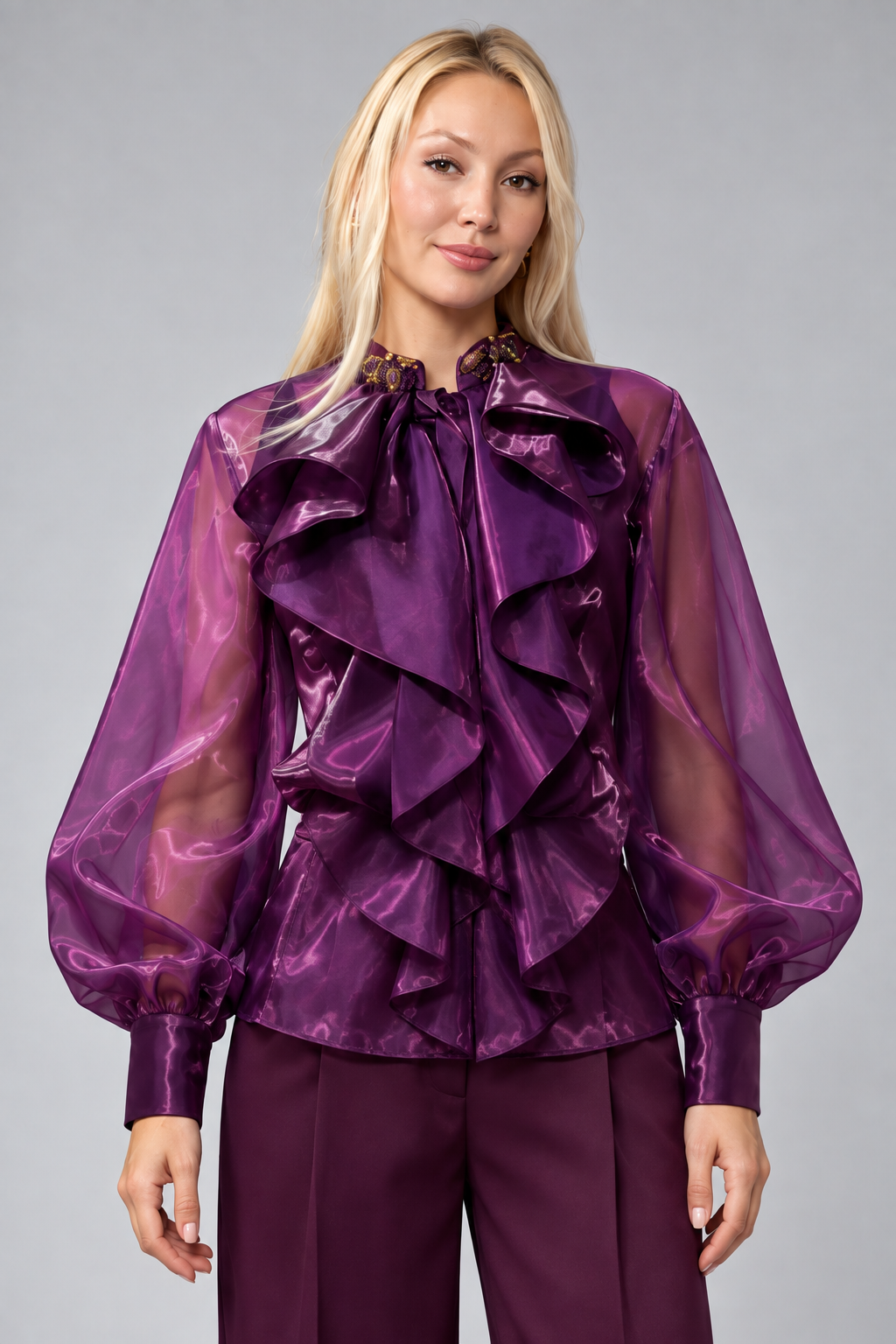 Plum Ruffled Organza Blouse