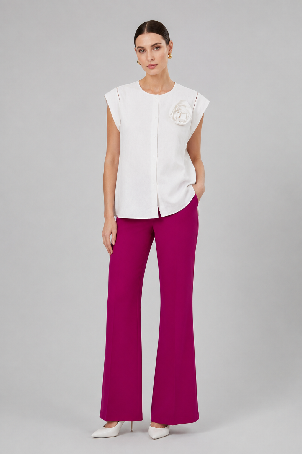 Elegant Linen Rosette Blouse