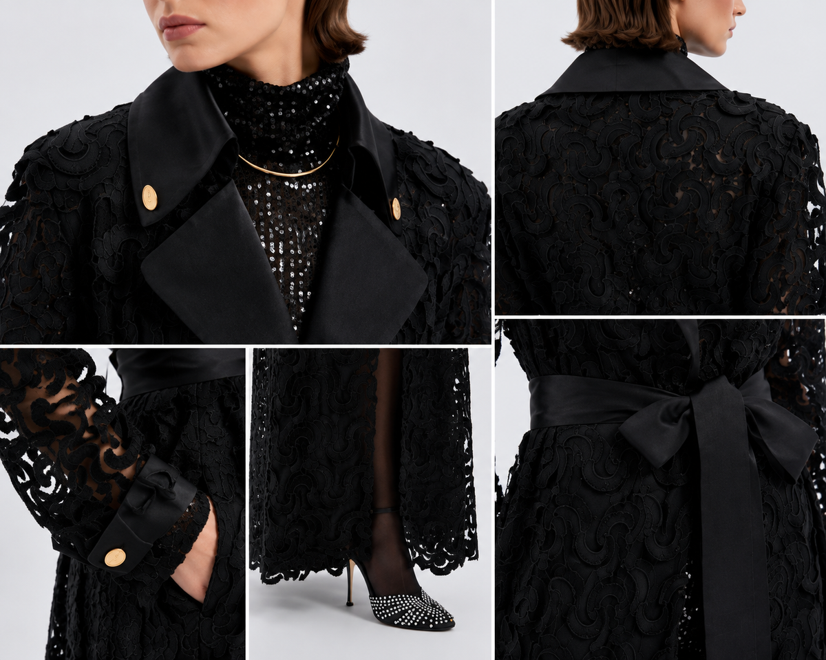 Luxury Black Lace Belted Coat