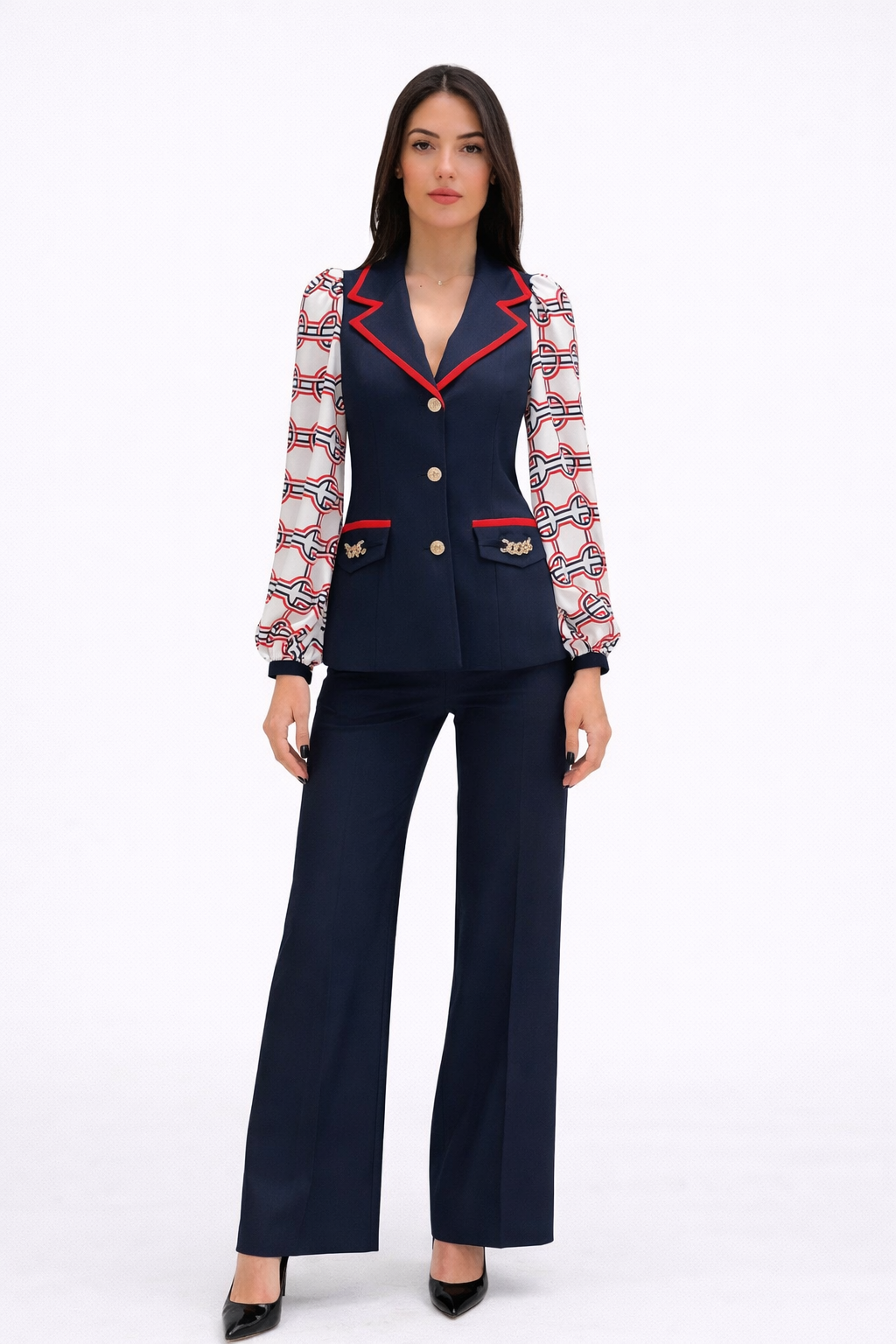 Navy Patterned Sleeve Suit