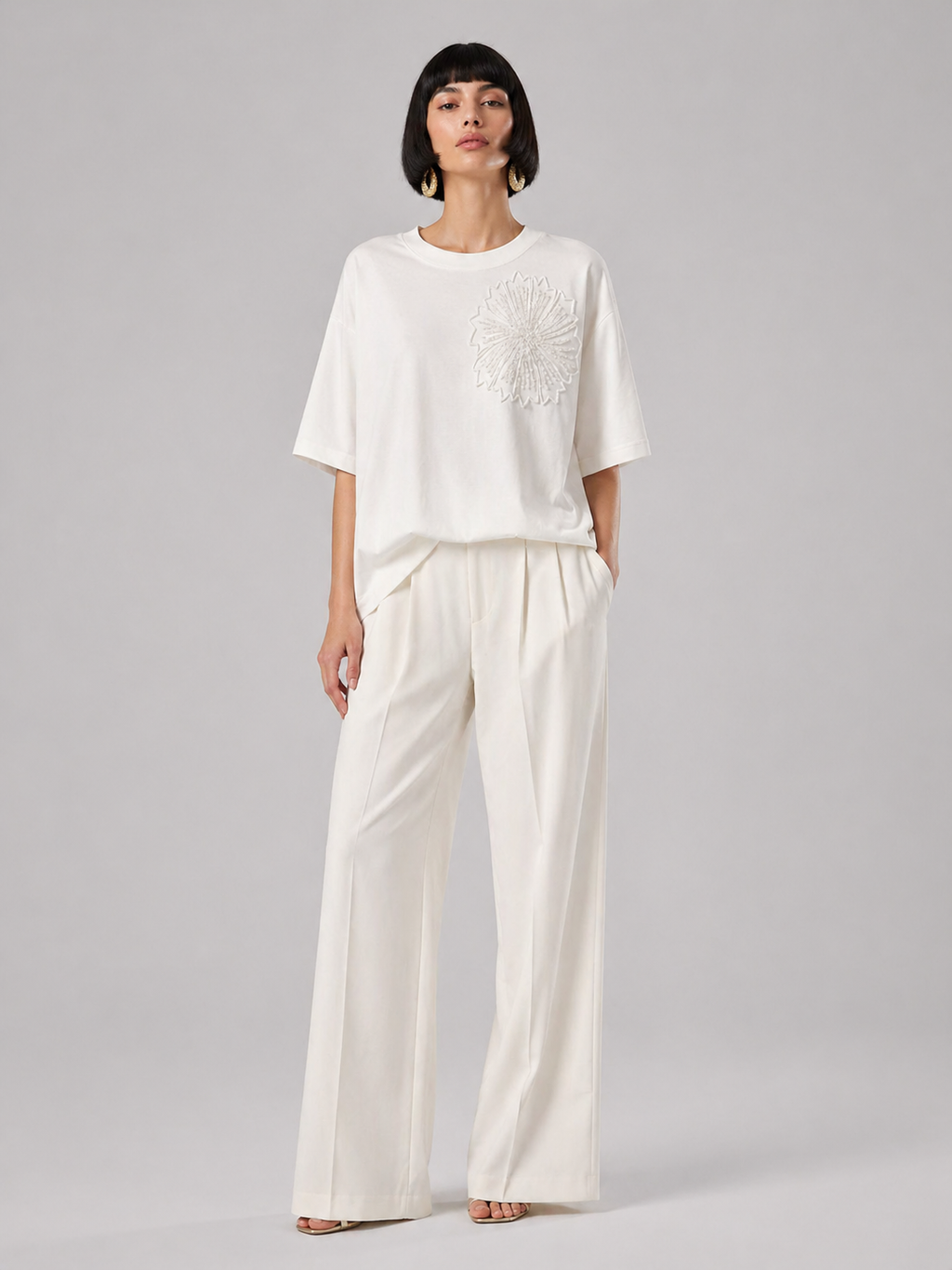 Elegant White Floral Applique Tee
