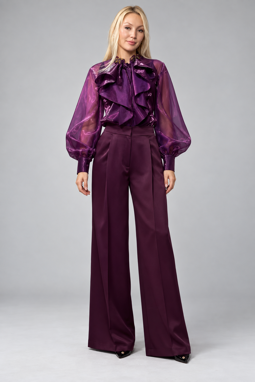 Plum Ruffled Organza Blouse