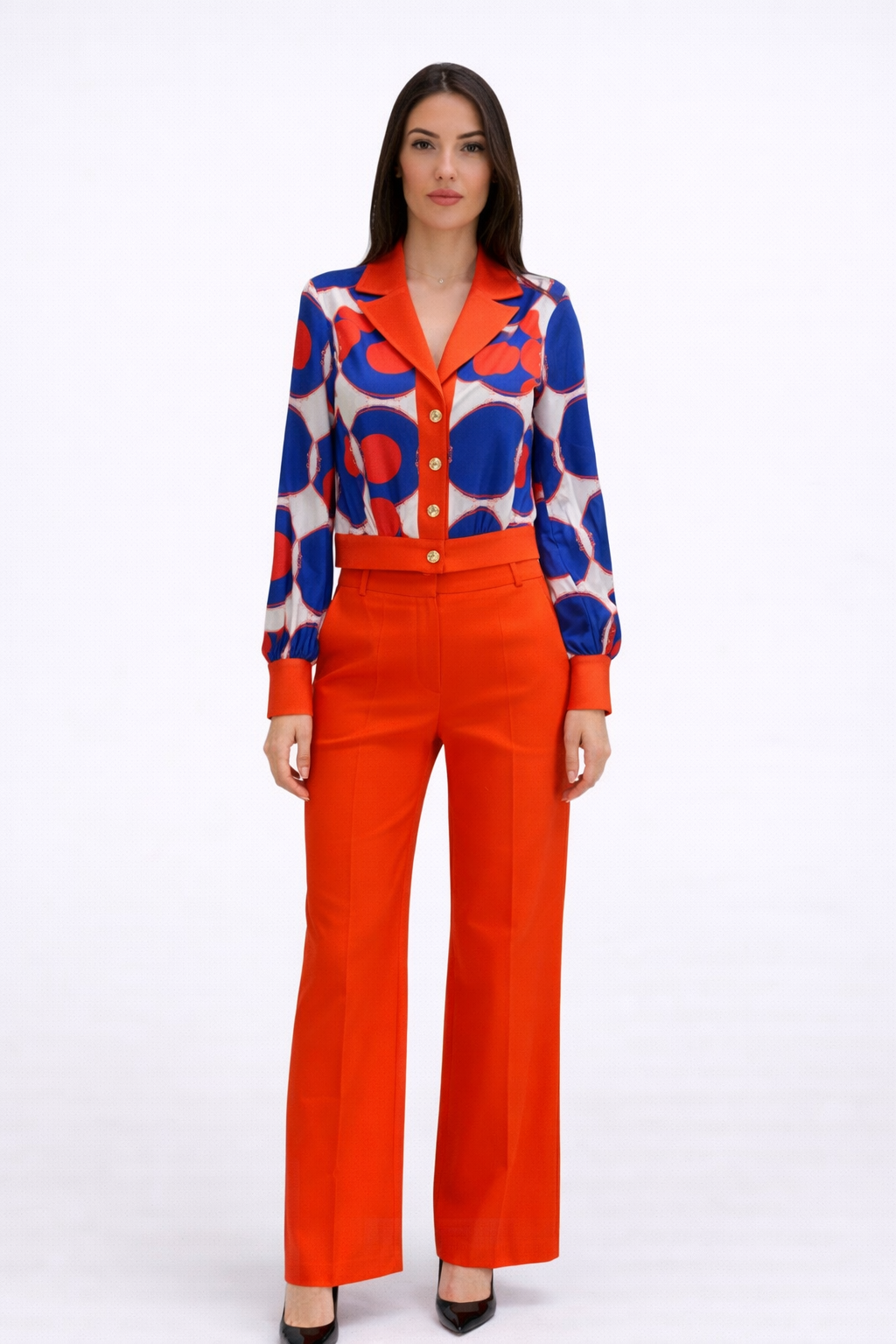 Geometric pattern orange suit