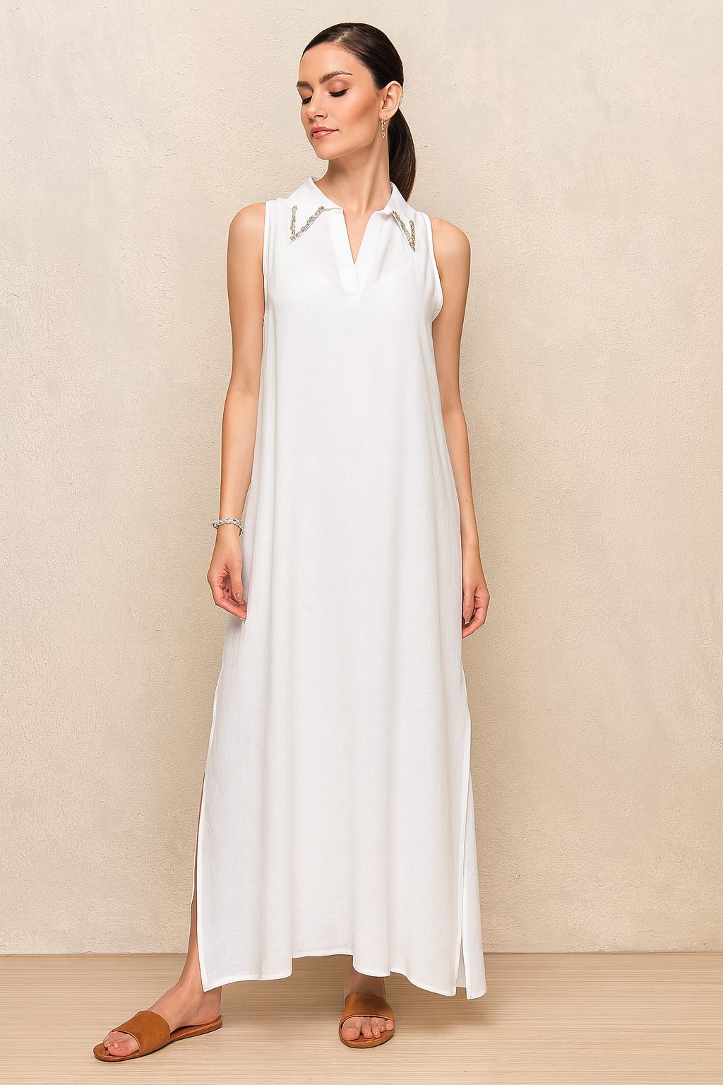 Linen Long Dress with Stones Collar