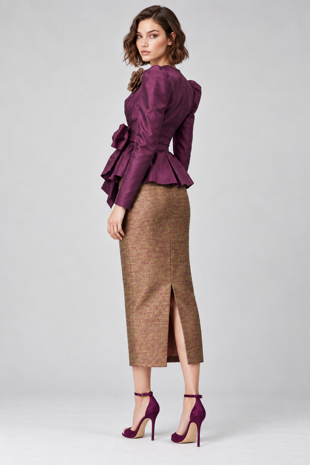 Gold & Plum Metallic Pencil Skirt